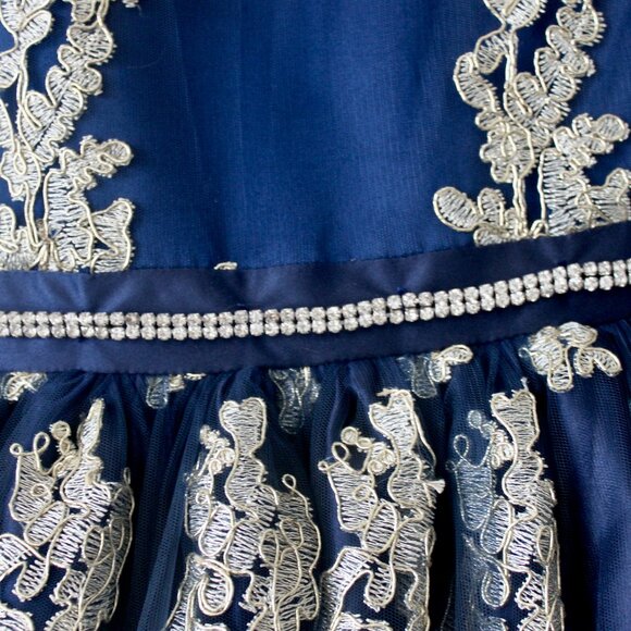 Chasing Fireflies Dark Blue Gold Embroidered Metallic Knee-Length Gown Dress 16 - Picture 3 of 10